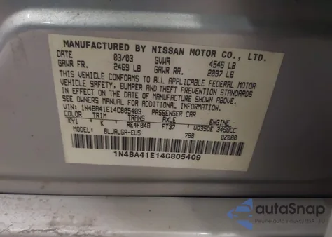 2004 Nissan Maxima 3.5 Sl из США, поврежденный, VIN 1N4BA41E14C805409